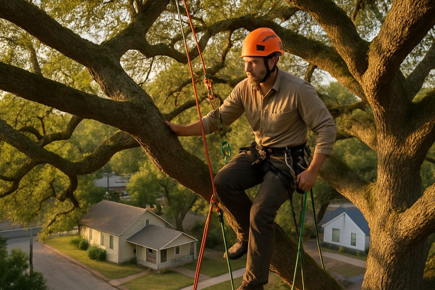Arborist climbing in a large live oak canopy in Lockhart, Texas